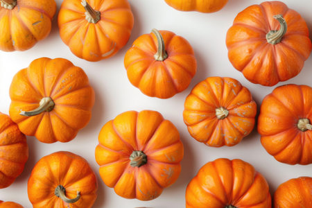 A row of orange pumpkins with a white background. The pumpkins are arranged in a way that they are all facing the same directionの素材