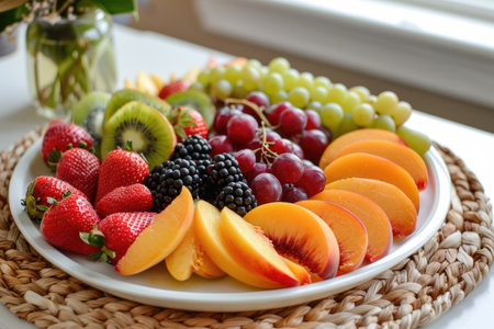 A white plate with a variety of fruits including strawberries, kiwis, grapes, and peachesの素材