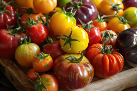 A variety of tomatoes are displayed on a wooden table. The tomatoes are of different colors, including red, yellow, and purple. The arrangement of the tomatoes creates a vibrant and colorful displayの素材