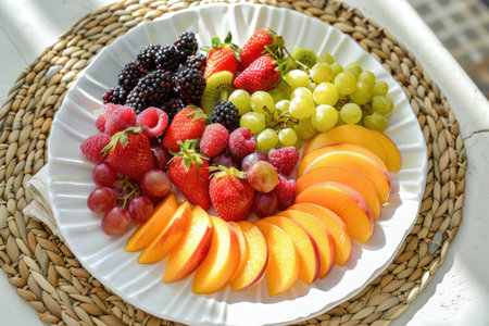 A plate of fruit with a variety of fruits including strawberries, grapes, and peaches. The plate is on a table and the fruit is arranged in a way that makes it look appetizingの素材