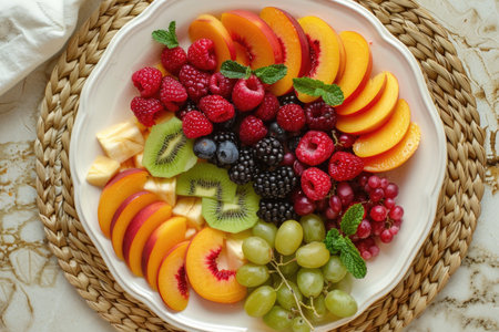 A plate of fruit with a variety of fruits including kiwi, grapes, and peachesの素材