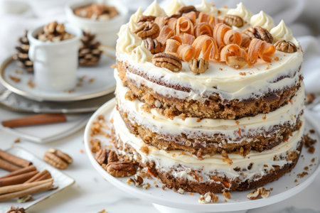 A tall white cake with nuts and cinnamon on top. The cake is sitting on a white plate and is surrounded by other plates and cupsの素材