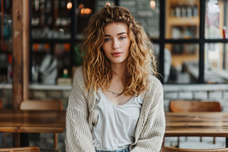 A woman with curly hair is sitting at a table in a restaurant. She is wearing a white shirt and a sweaterの素材