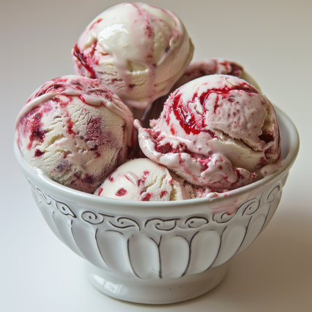 A white bowl filled with four different colored ice cream scoops. The bowl is white and has a black rimの素材