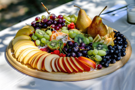 A wooden tray with a variety of fruits including apples, pears, and grapes. The tray is placed on a table and is ready to be servedの素材
