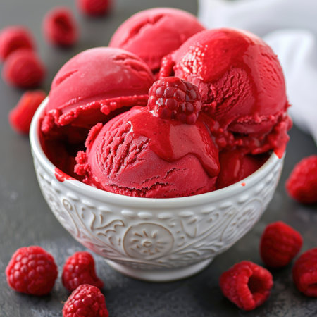 A bowl of red ice cream with raspberries on topの素材