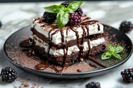 A chocolate cake with a chocolate drizzle and blackberries on top. The cake is served on a black plateの素材