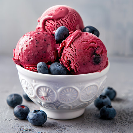 A bowl of ice cream with blueberries and a white bowlの素材