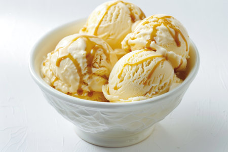 A bowl of ice cream with caramel drizzled on top. The caramel adds a sweet and rich flavor to the ice cream, making it a delicious treatの素材