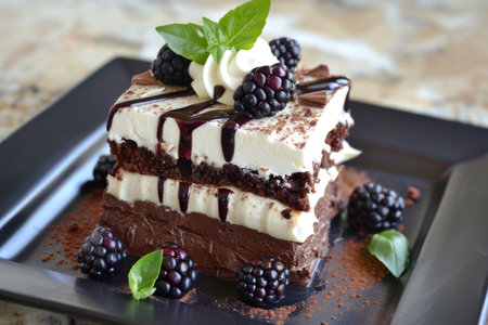 A chocolate cake with whipped cream and blackberries on top. The cake is cut into layers and has a chocolate sauce drizzled on top. The blackberries are scattered around the cakeの素材