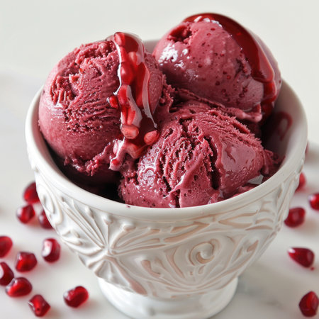 A bowl of ice cream with a red sauce drizzled on top. The bowl is white and has a floral design. There are also some red berries on the tableの素材