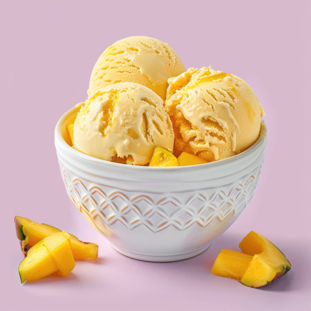 A bowl of ice cream with three scoops and a few mango slices on the sideの素材