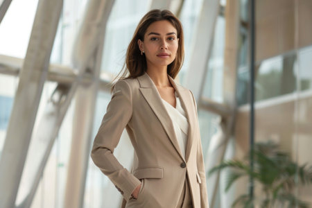 A woman in a tan suit stands in front of a glass wall. She is wearing a white shirt and has her hands in her pockets. Concept of professionalism and confidenceの素材