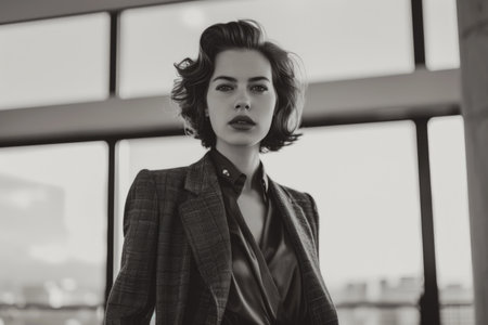 A woman in a black jacket and a black shirt is standing in front of a window. She has a serious expression on her faceの素材