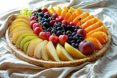 A fruit platter with a variety of fruits including apples, oranges, and cherries. The platter is on a white clothの素材