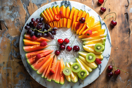 A colorful fruit platter with a variety of fruits including kiwi, oranges, and applesの素材