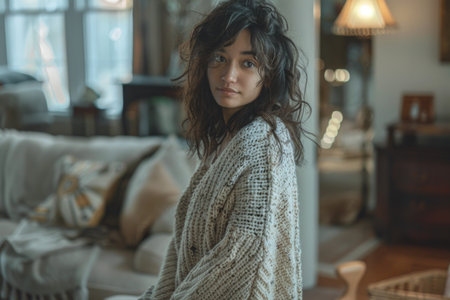 A woman is sitting in a living room with a white sweater on. She is looking at the camera with a serious expression. The room has a couch, a chair, and a lampの素材