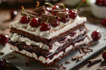 A chocolate cake with cherries on top. The cake is cut into layers and has a cherry on top of each layer. The cherries are scattered around the cake, adding a touch of color and sweetnessの素材