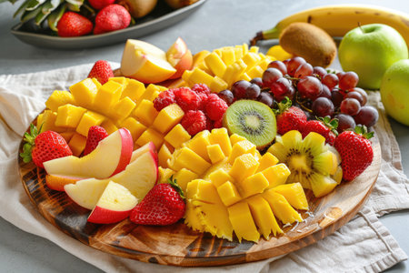 A fruit platter with apples, strawberries, kiwi, and grapes. The fruit is cut into small pieces and arranged on a wooden boardの素材