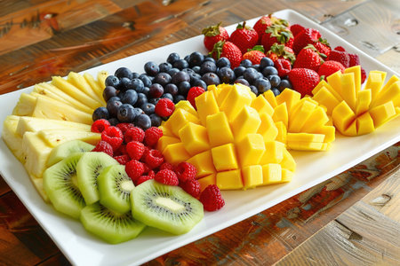A white plate with a variety of fruits including kiwi, strawberries, blueberries, and mangoの素材