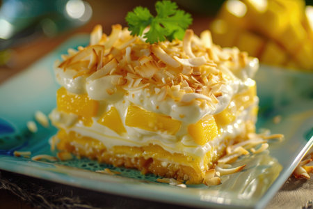 A slice of cake with coconut flakes on top. The cake is yellow and white and has a light and fluffy textureの素材
