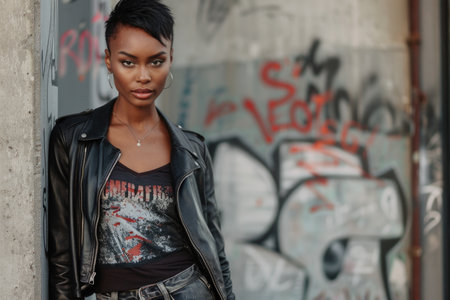 A woman in a leather jacket and jeans poses in front of graffiti. Concept of rebellion and nonconformity, as the woman's outfitの素材