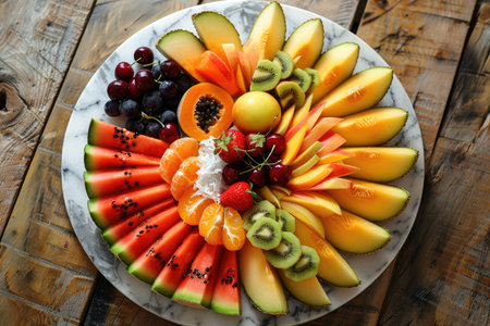 A fruit platter with watermelon, oranges, kiwis, and apples. The fruit is arranged in a circle on a marble plateの素材