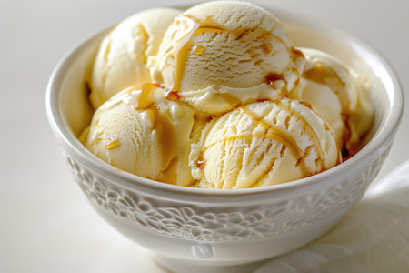 A bowl of ice cream with a drizzle of syrupの素材