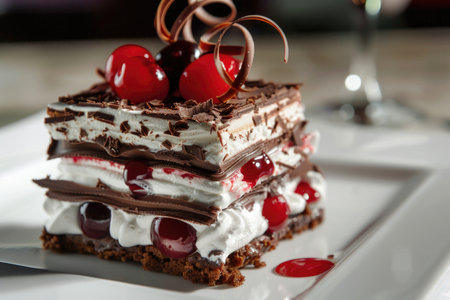 A slice of chocolate cake with cherries on top. The cake is served on a white plate and is accompanied by a glass of wineの素材