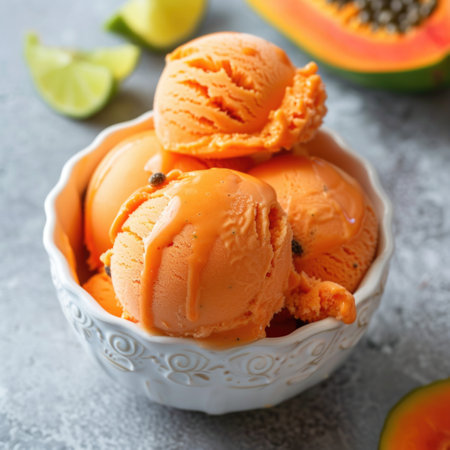 A bowl of orange ice cream with a lime on topの素材