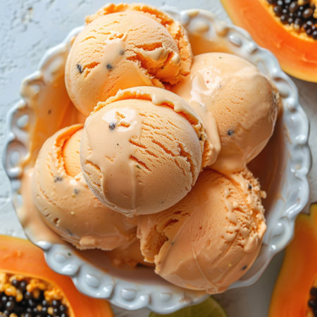 A bowl of ice cream with a slice of orange fruit on topの素材