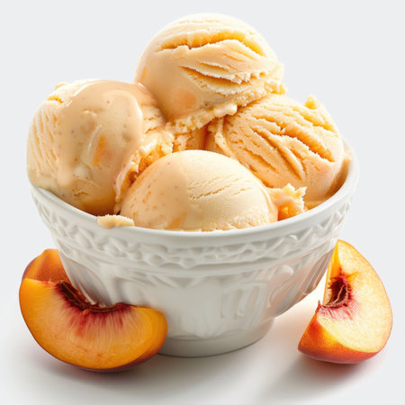 A bowl of ice cream with a peach on the side. The peach is ripe and juicy, adding a touch of freshness to the dessertの素材