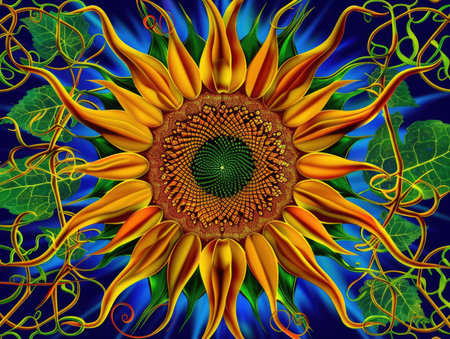 A sunflower with green leaves and vines surrounding itの素材