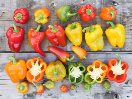 A row of peppers of various colors, including red, yellow, and green. The peppers are arranged in a line, with some of them cut open. Concept of abundance and variety, as well as the freshnessの素材
