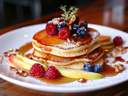 A stack of pancakes with blueberries and raspberries on top. The pancakes are topped with syrup and nutsの素材