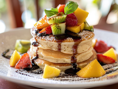 A stack of pancakes with strawberries, kiwi, and mango on top. The plate is white and the food is colorfulの素材