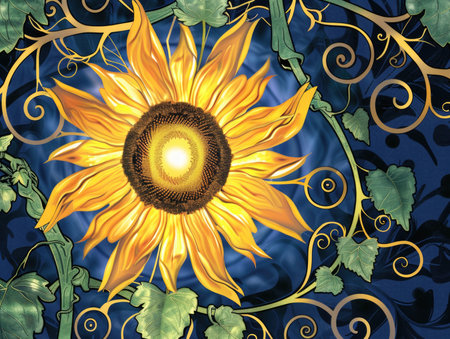 A yellow sunflower is the main focus of this image. The flower is surrounded by vines and leaves, giving it a natural and organic feelの素材