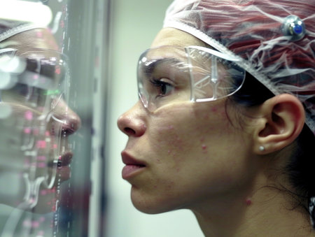 A woman wearing a white lab coat and goggles looking at a mirror. She has a red hat on her headの素材