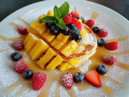 A plate of pancakes with fruit on top. The fruit includes strawberries, blueberries, and raspberries. The pancakes are topped with whipped cream and a sprinkle of powdered sugarの素材