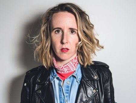 A woman with a red bandana and a blue shirt is wearing a leather jacket. She has red lipstick on and is looking at the cameraの素材