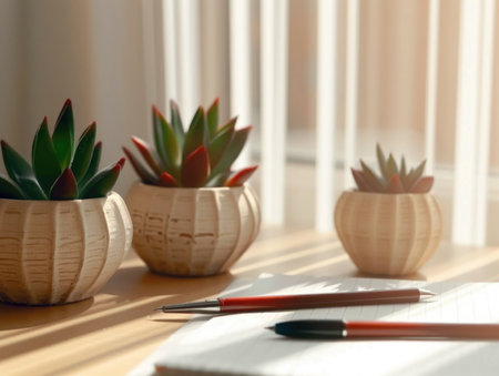 Three potted plants sit on a table next to a notebook and two pens. The plants are small and green, and they are arranged in a rowの素材