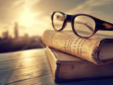 A book and a pair of glasses are on top of each other. The book is open to a page with a few words on itの素材
