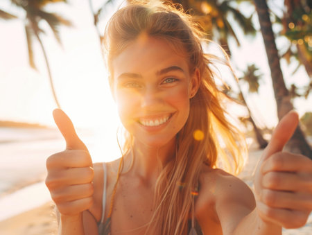 A woman with blonde hair is smiling and giving a thumbs up. She is standing on a beach, and the sun is shining brightly. Concept of happiness and positivityの素材