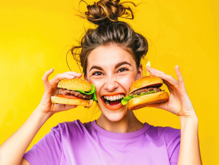A woman is holding two hamburgers and smiling. The hamburgers are covered in lettuce and onionsの素材