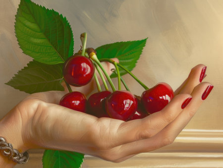 A hand holding a bunch of cherries. The cherries are red and the leaves are greenの素材
