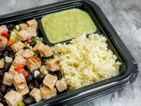 A tray of food with rice, beans, and a green sauce. The food looks healthy and appetizingの素材