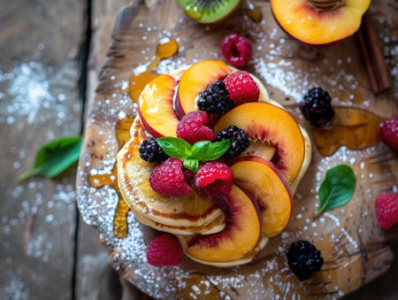 A plate of pancakes with raspberries and blackberries on top. The pancakes are topped with a generous amount of whipped cream and a sprinkle of powdered sugar. The plate is set on a wooden tableの素材