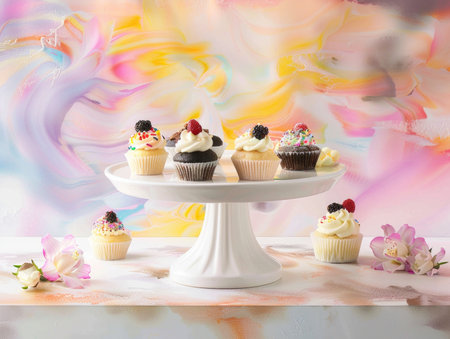 A white cake stand with a variety of cupcakes on it. The cupcakes are decorated with frosting and sprinkles, and there are also some berries on top. The background is a colorful and abstract paintingの素材