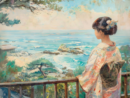A woman in a kimono stands on a balcony overlooking the ocean. The scene is serene and peaceful, with the woman's gaze fixed on the water. The painting captures the beauty of natureの素材