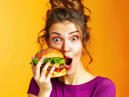 A woman is eating a hamburger with a surprised expression on her face. The burger is large and has a lot of toppings, including lettuce and cheese. The woman is holding the burger with both handsの素材